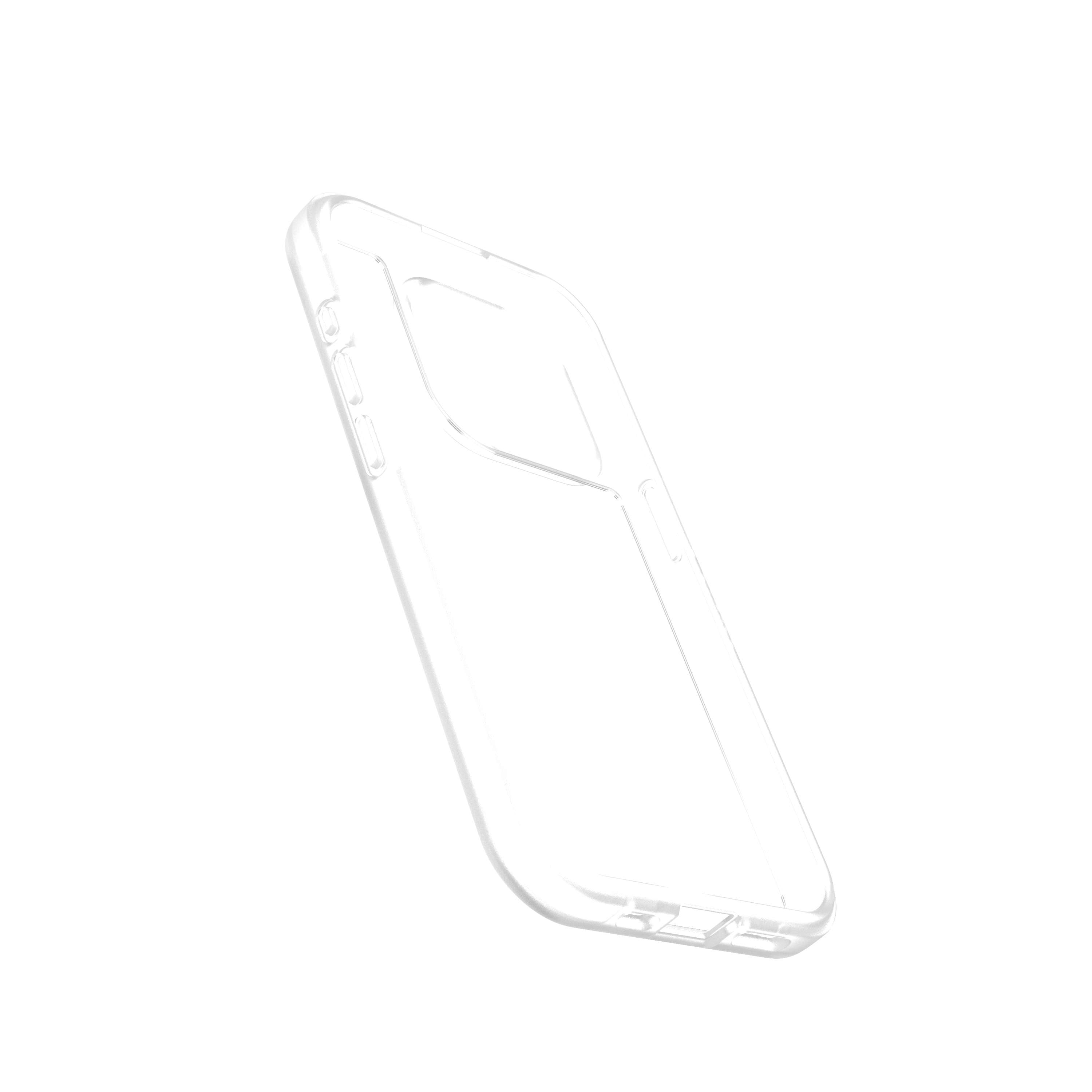 Eine transparente Handyhülle, abgewinkelt, zeigt den Umriss des Telefons. Transparent und schlank.