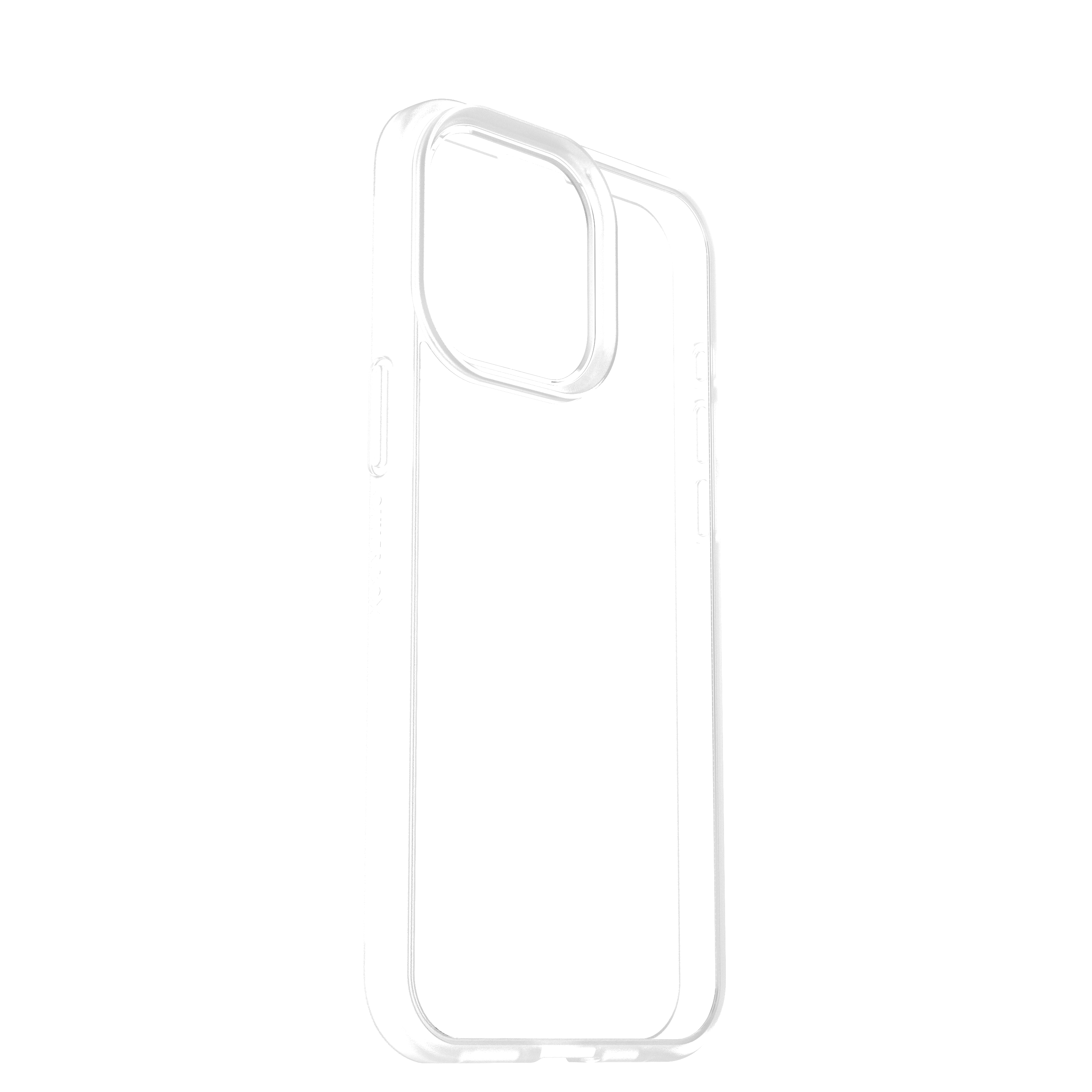 Eine transparente Handyhülle, die ihr schlankes Design vor weißem Hintergrund zeigt. Die Hülle ist leer.