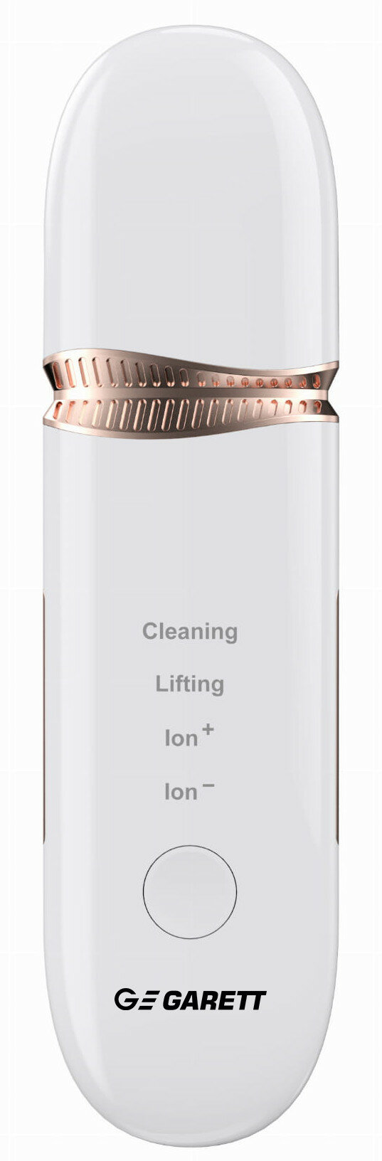 Białe urządzenie do pielęgnacji skóry ze złotymi akcentami i tekstem: Cleaning, Lifting, Ion+ i Ion-.