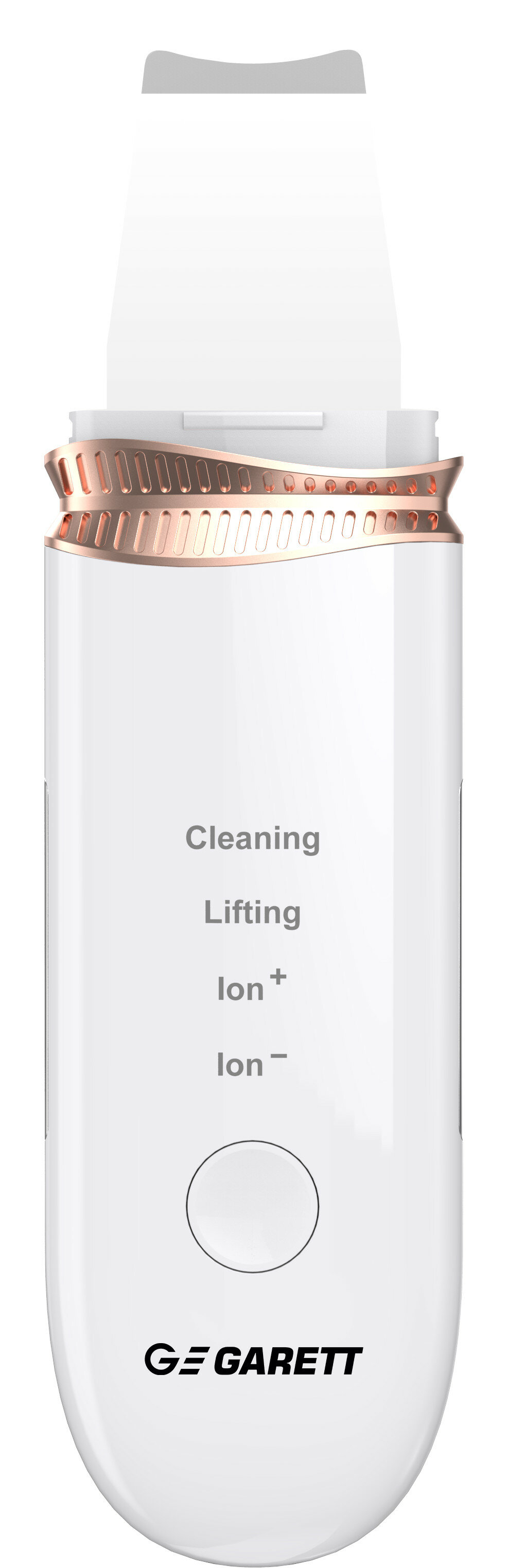 Biały środek do czyszczenia twarzy z różowo-złotymi akcentami, z etykietami: Cleaning, Lifting, Ion+, Ion-.