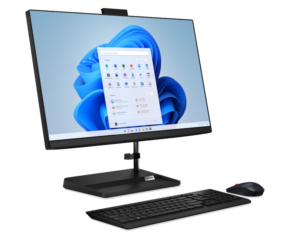 Czarny komputer typu all-in-one z dużym ekranem, klawiaturą, myszą i kamerą internetową.