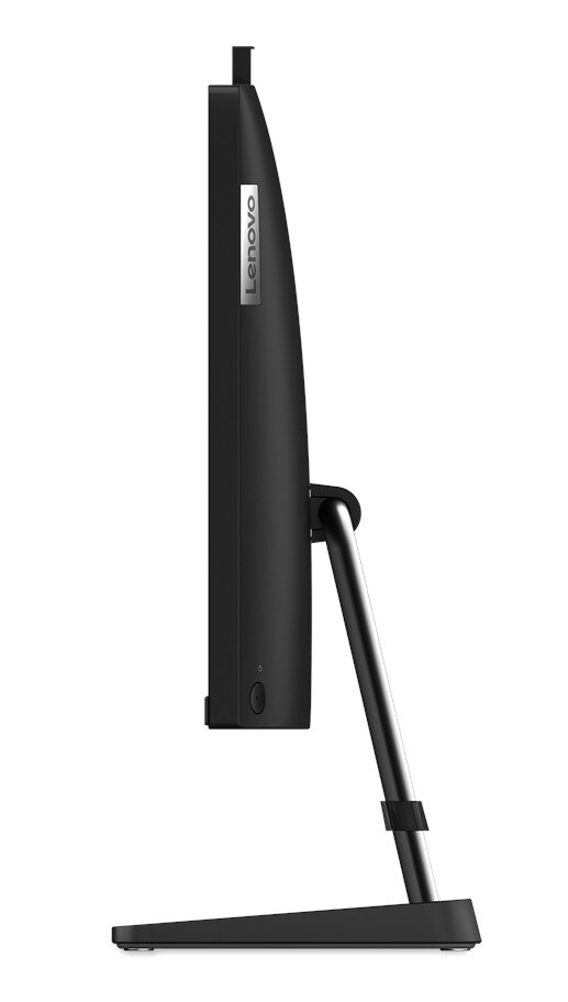 Widok z boku czarnego monitora komputera ze srebrnym logo Lenovo, białe tło.