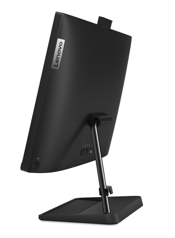 Komputer Lenovo all-in-one z tyłu. Czarny ekran i podstawka, logo Lenovo na górze.