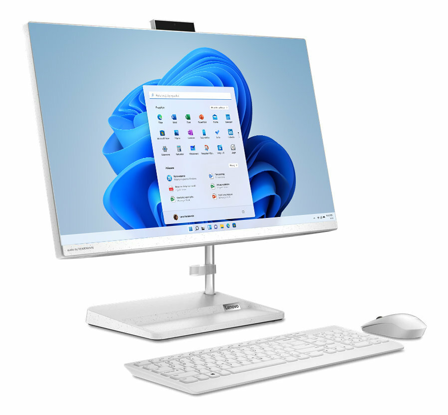Biały komputer Lenovo all-in-one z klawiaturą, myszą i kamerą internetową. Ekran włączony.