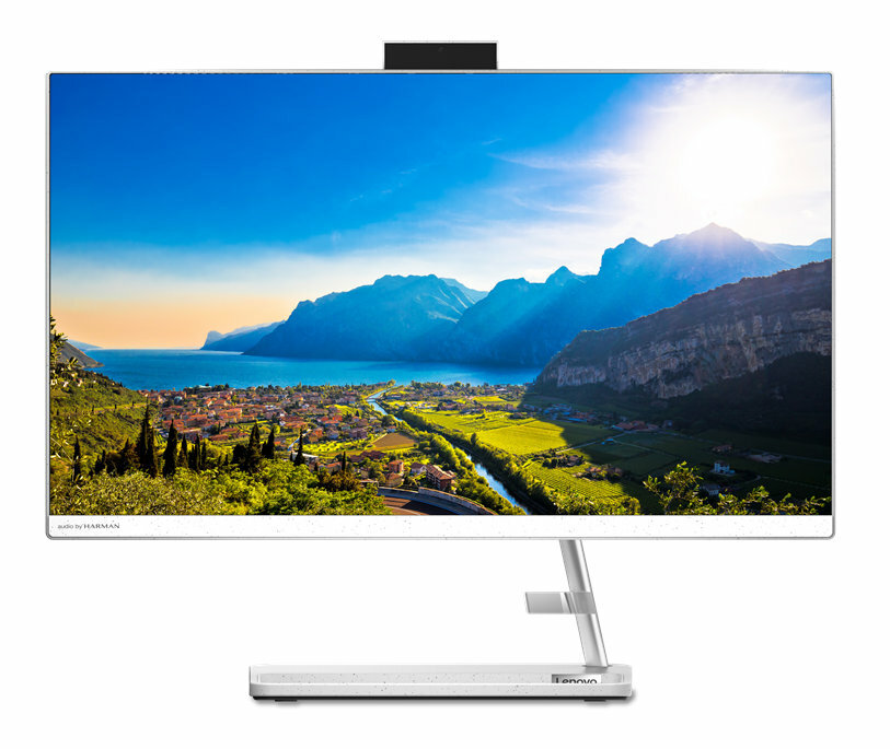 Biały komputer Lenovo all-in-one z ekranem pokazującym krajobraz.