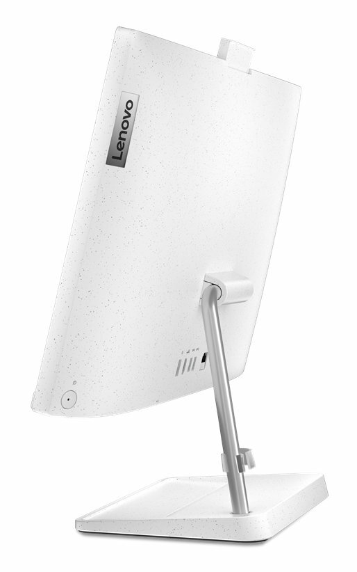 Biały komputer Lenovo all-in-one, widok z tyłu. Pokazuje porty, stojak i logo Lenovo.