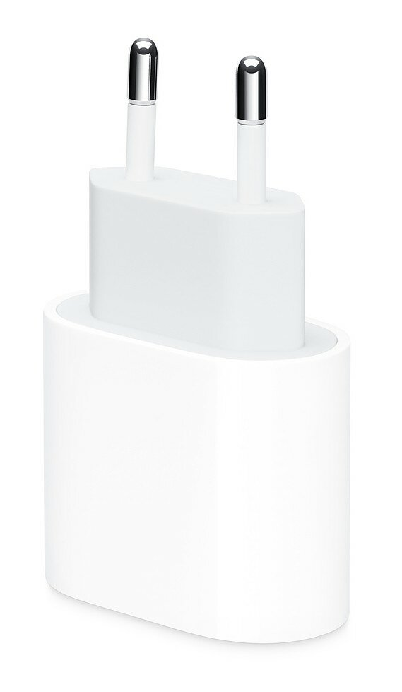 Biała ładowarka do telefonu z dwoma metalowymi bolcami. Górna część jest zaokrąglona.