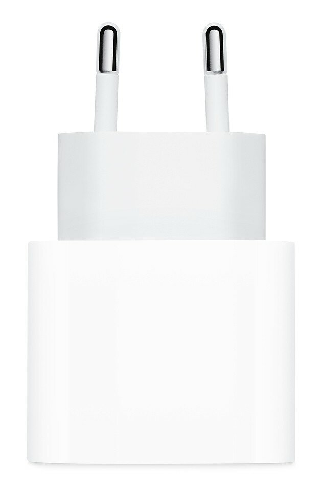Biała ładowarka Apple z dwoma bolcami, na białym tle.