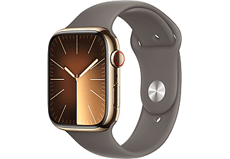 APPLE Watch Series 9 GPS + Cellular, 45mm, arany rozsdamentes acéltok, agyag sportszíj, S/M (MRMR3QH/A)