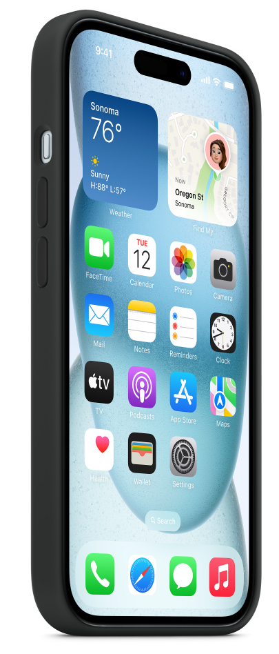 Fekete iPhone fekete tokban, a kezdőképernyőt mutatja, alkalmazásokkal és widgetekkel.