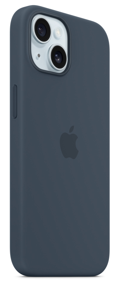 Sötétkék iPhone tok kamerával és Apple logóval.