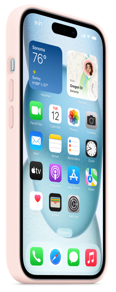 Egy iPhone, amely az időjárás, a naptár és a térkép alkalmazásait jeleníti meg a képernyőjén.