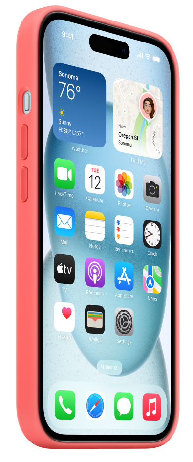 Korall színű iPhone, melyen látható az időjárás, az alkalmazások és az idő 9:41, valamint egy korall tok.