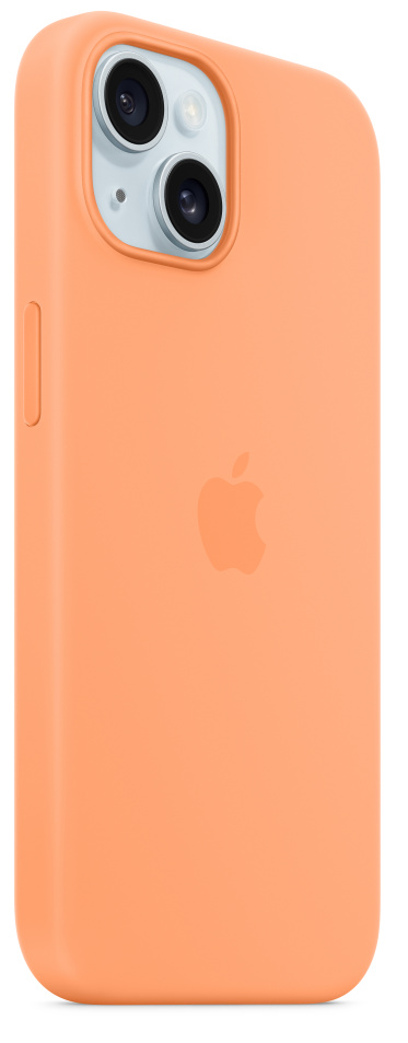 Korall színű telefontok kamerakivágással, oldalnézetből. Apple logó. Fehér háttér.