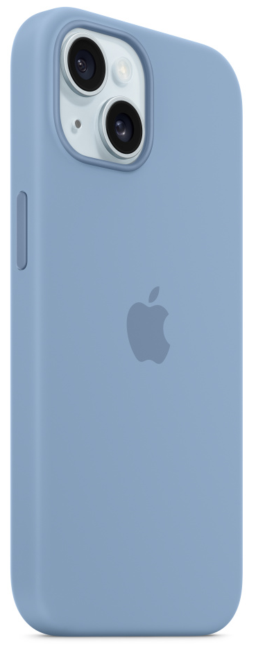 Kék telefontok Apple logóval és kamerával, oldalnézet.