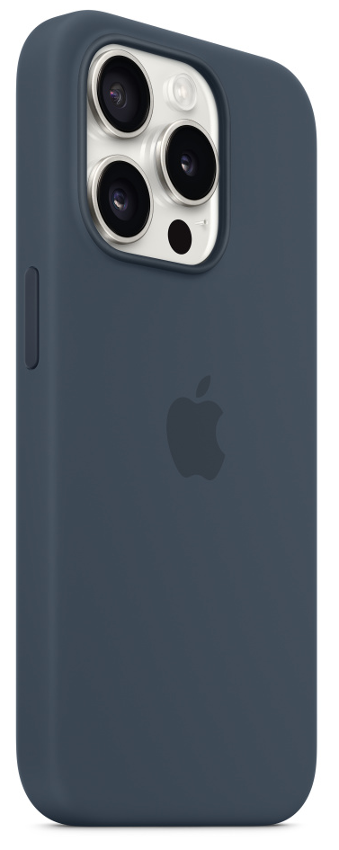 Sötétkék iPhone tok az Apple logóval és a kamera lencséivel.