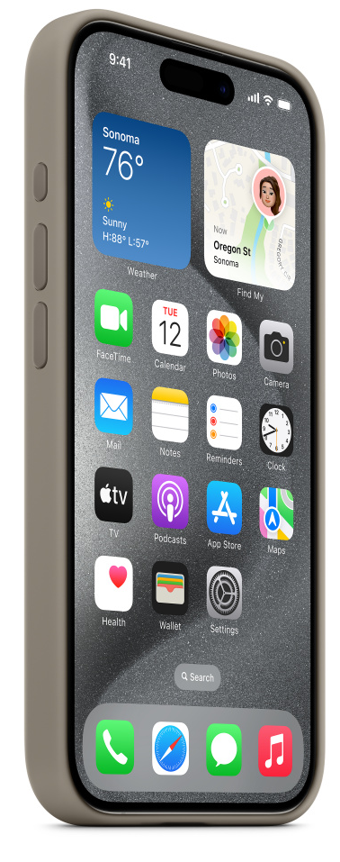 Egy iPhone tokban. A képernyő a kezdőképernyőt mutatja alkalmazásikonokkal és widgetekkel.