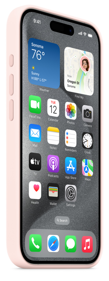 iPhone alkalmazásokkal a képernyőn, rózsaszín tokban.