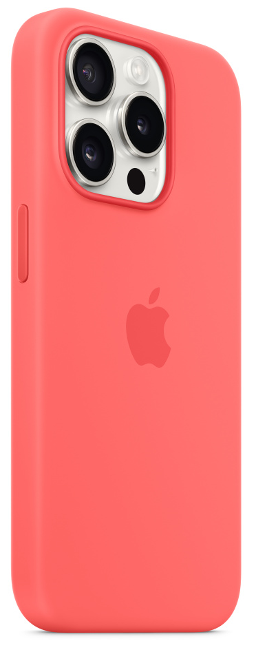 Egy iPhone korall színű szilikon tokban. A telefon hátulján kamera rendszer van.
