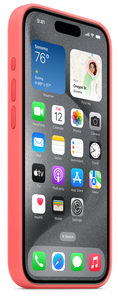 iPhone piros tokban, a kezdőképernyővel, időjárással, helyszínnel és alkalmazásikonokkal.
