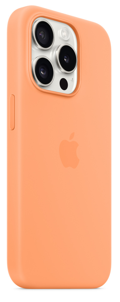 Narancssárga telefontok, Apple logó, kamerák. Oldalnézet. Egyszerű és élénk design.