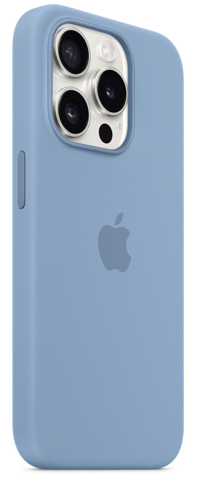 Világoskék iPhone tok kamerával és Apple logóval.