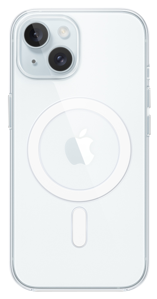Egy átlátszó iPhone tok Apple logóval. Kamera kivágással és MagSafe körrel a hátoldalon.