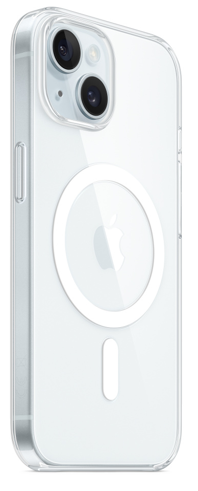 Egy iPhone átlátszó tokban, fehér MagSafe körrel és egy fehér téglalappal az alján. A tok átlátszó.