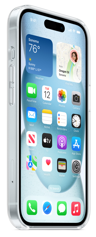 iPhone átlátszó tokban, a kezdőképernyőt mutatja különböző alkalmazásikonokkal.