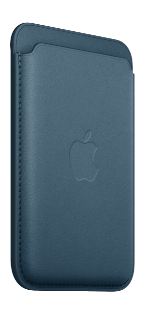 Kék bőr telefontárca Apple logóval. Zártnak tűnik.