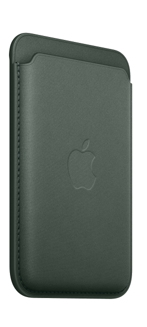 Zöld bőr telefontárca. Apple logó dombornyomással. Fekete háttér.