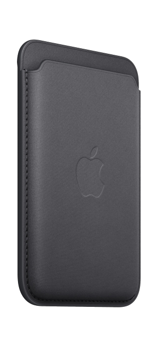 Fekete bőr Apple pénztárca, előlapján dombornyomott Apple logóval.