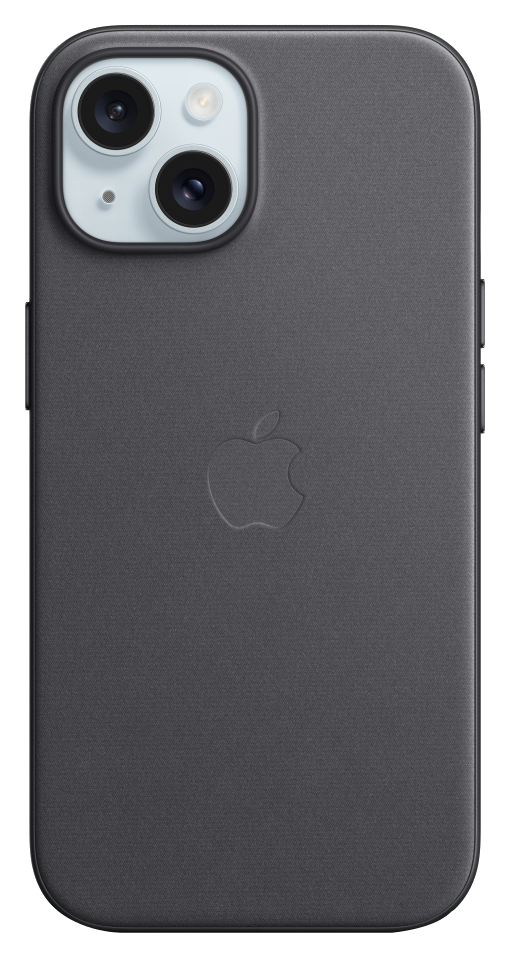Egy szürke telefontok Apple logóval. Egy három kamerás telefon hátulja látható.