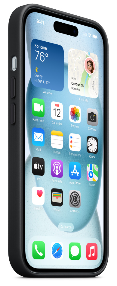 iPhone fekete tokkal, a kezdőképernyővel, időjárással és alkalmazásokkal.