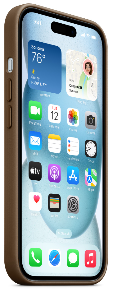 iPhone barna tokban a kijelzőn. Alkalmazásikonokat és az időjárás-widgetet mutatja. A háttér elmosódott.