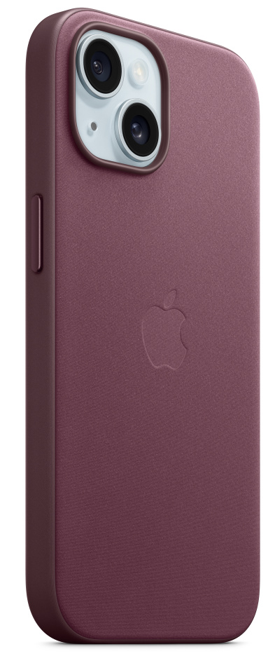 Bordó iPhone tok közelről, dombornyomott Apple logóval.