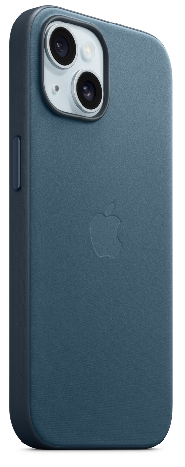 Kék iPhone tok Apple logóval és kamerákkal, oldalról nézve.