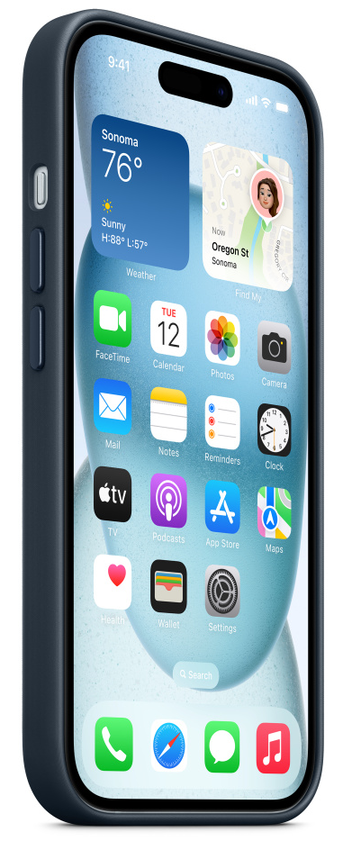 Egy iPhone egy tokban, amely egy időjárási alkalmazást és más alkalmazásikonokat jelenít meg a képernyőjén.