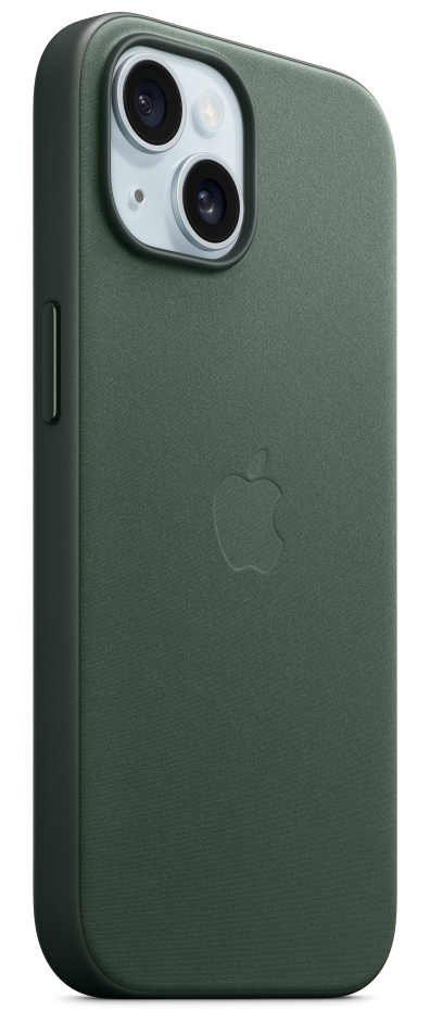Sötétzöld bőr telefontok az Apple logóval, enyhén ferde oldalnézetből.