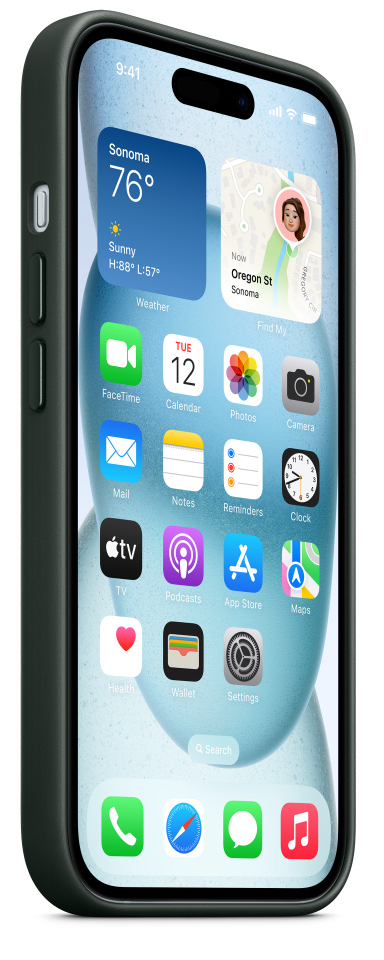 Zöld iPhone, képernyőn alkalmazások, időjárás, térkép és egyéb ikonok láthatók.