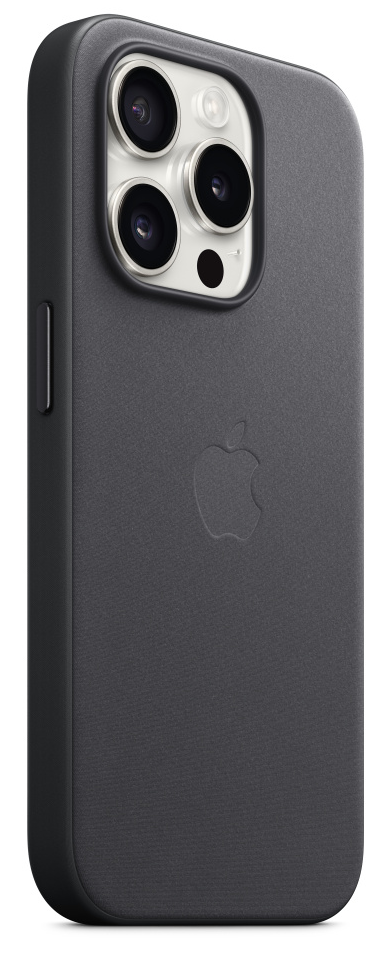 Fekete bőr telefontok Apple logóval és kameramodullal.