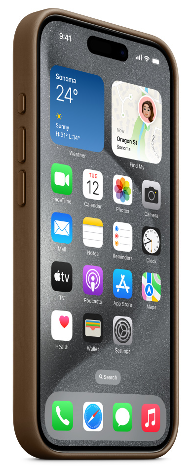 iPhone barna tokban, alkalmazás ikonokkal és időjárás információval.