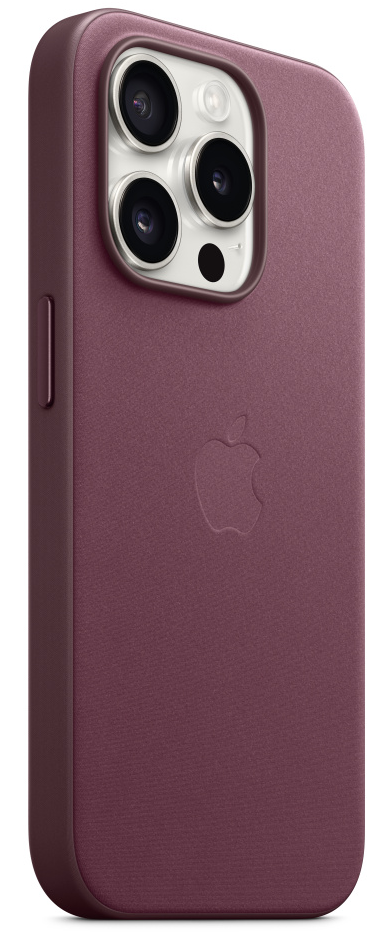 Lila bőr iPhone tok Apple logóval, kameradudorral és oldalsó gombokkal, fehér háttérrel.