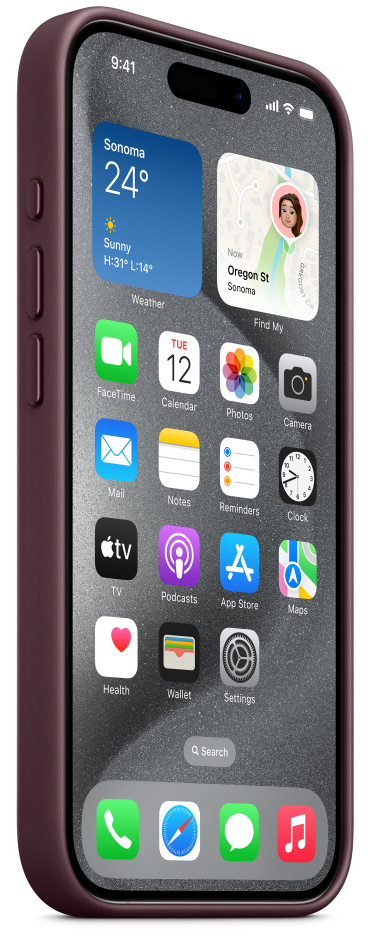 iPhone 14 Pro tokban, alkalmazásikonokkal a képernyőn. A tok sötétvörös színű.