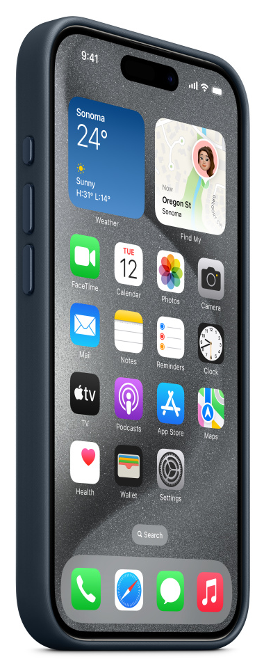iPhone sötétkék tokkal, a kezdőképernyőt mutatja alkalmazásokkal, időjárás- és naptár-widgetekkel.
