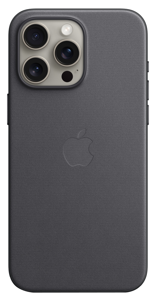 Sötétszürke bőr iPhone tok Apple logóval és hármas kamerarendszerrel.