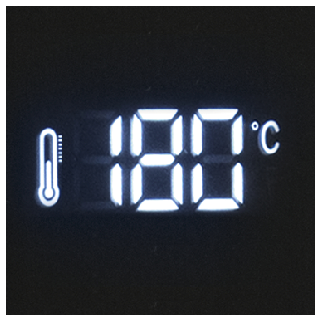 Digitalanzeige zeigt 180°C. Ein Thermometer-Symbol ist links. Die Anzeige ist schwarz.