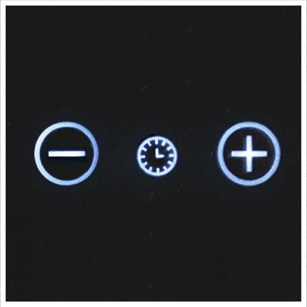 Minus-, Uhr- und Plus-Symbole auf schwarzem Hintergrund.