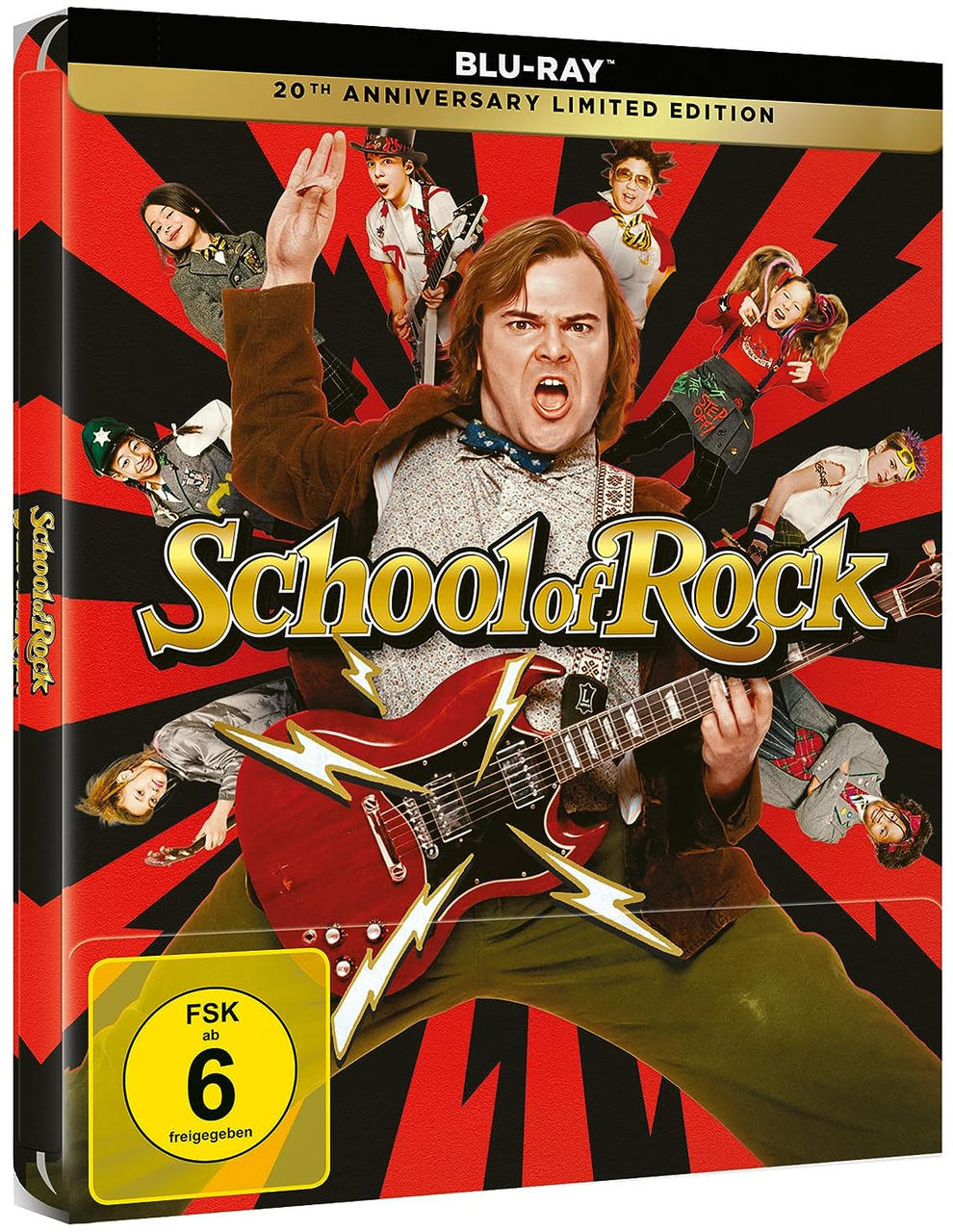 School of Rock Blu-ray-Cover mit Jack Black mit Gitarre. Roter und schwarzer Hintergrund mit Filmfiguren.