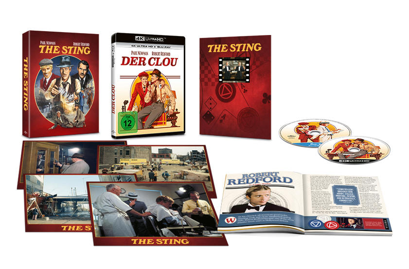 Box-Set des Films 'The Sting' mit Blu-ray-Disc, Postkarten und Broschüre, alle mit Filmstills und Kunst.